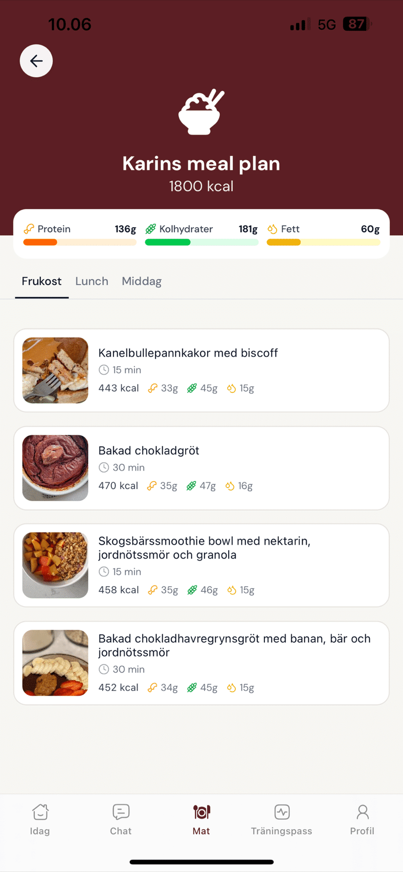 Skärmbild från appen: din kostplan med dagens måltider
