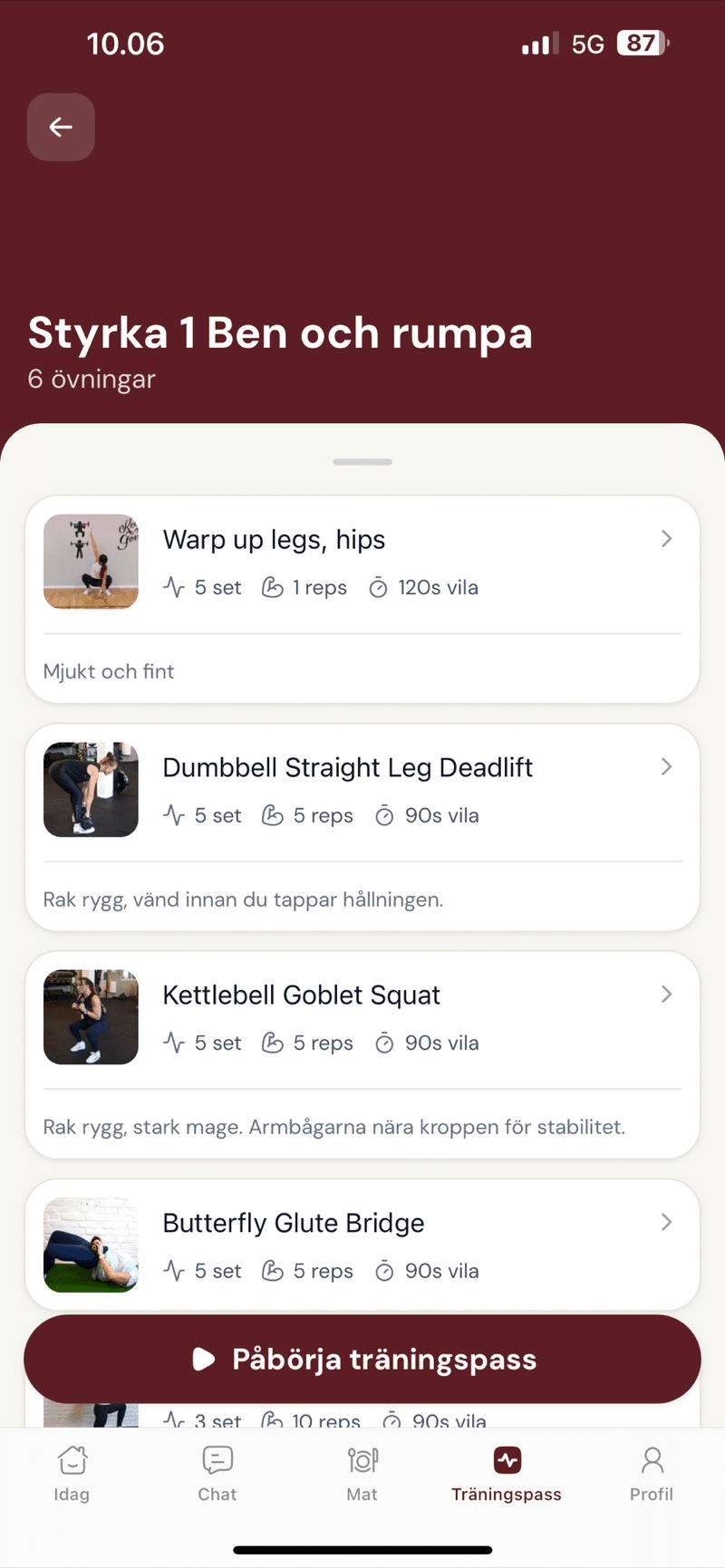 Skärmbild från appen: träningspasset Styrka 1, ben och rumpa, med övningar och set