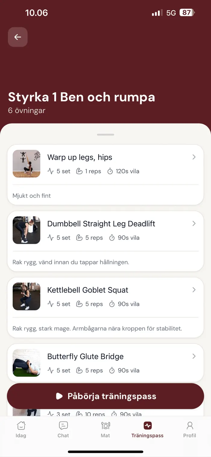 Skärmbild från appen: träningspasset Styrka 1, ben och rumpa, med övningar och set